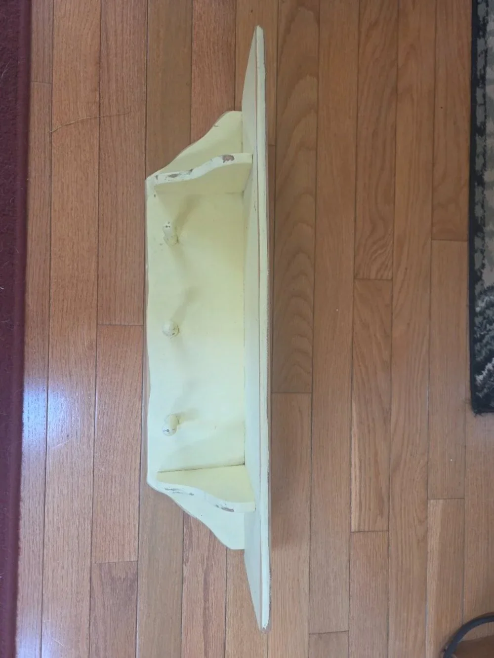 pale yellow wall mounted shelf with 3 peg hooks cottage style may need painting